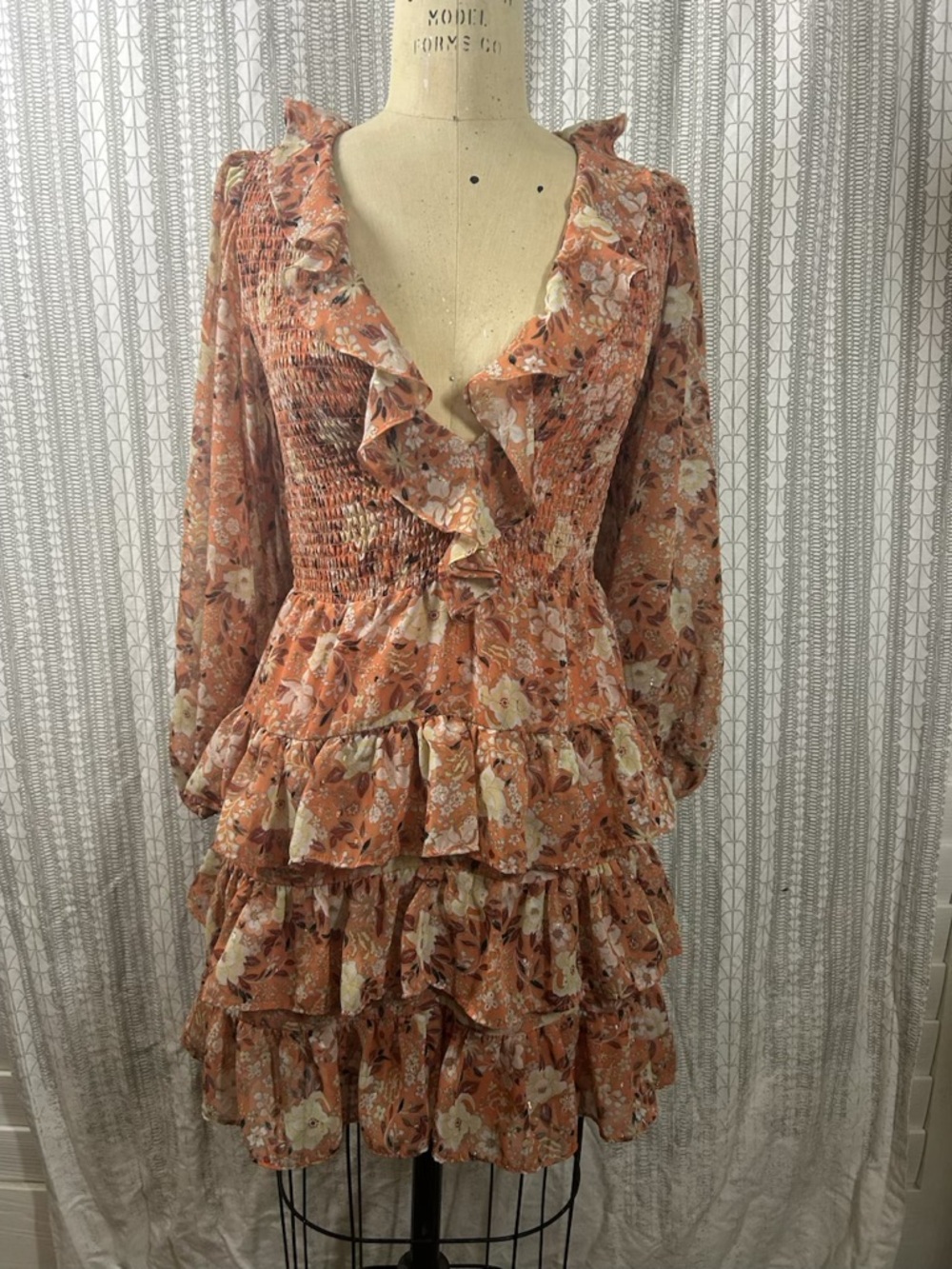 1. State Peach Floral Ruffle Smocked Mini Dress